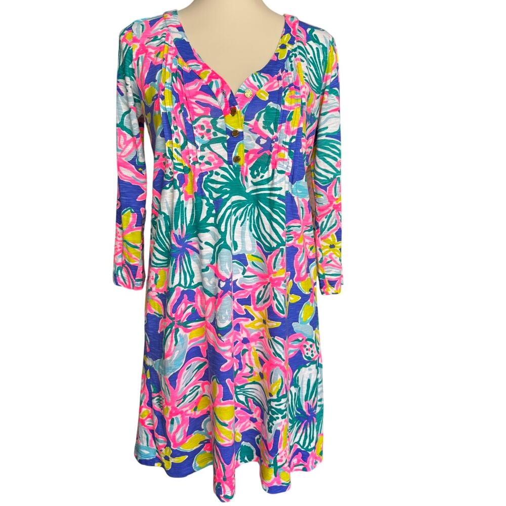 Lilly Pulitzer Cotton Modal Floral Shift Dress Pink Blue Tropical Print XS